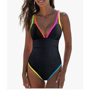 popvil Women's One Piece Tummy Control Swimsuit Neon Color Block Swimwear M